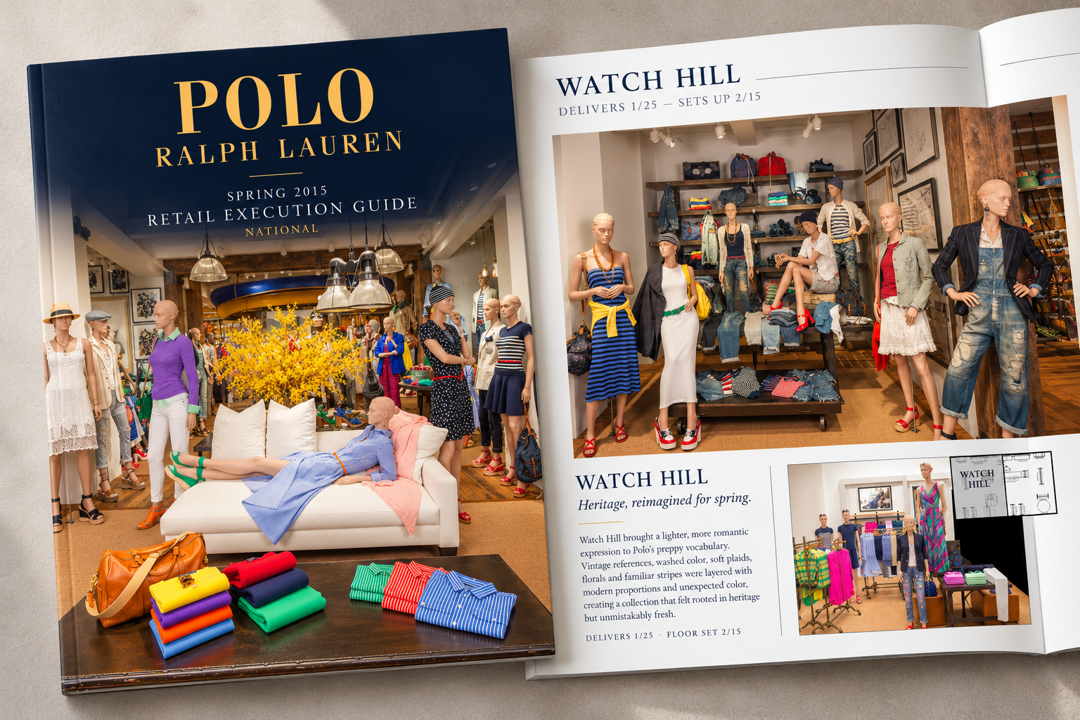 Polo Ralph Lauren Spring 2015 Retail Execution Guide cover beside a Watch Hill interior spread with floor-set direction, delivery dates and presentation standards. Led the production and distribution of weekly, monthly, seasonal and quarterly directives, equipping store teams with product knowledge and clear guidance for floor sets, window installations and brand presentation.