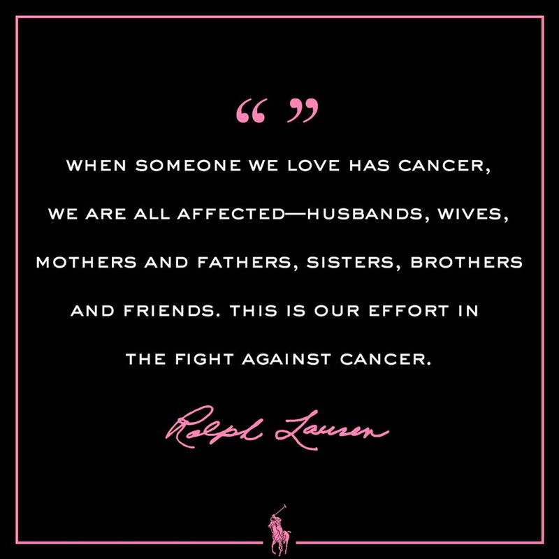 Black quote card with Ralph Lauren's words about the fight against cancer, signed in pink, with the Polo Pony mark