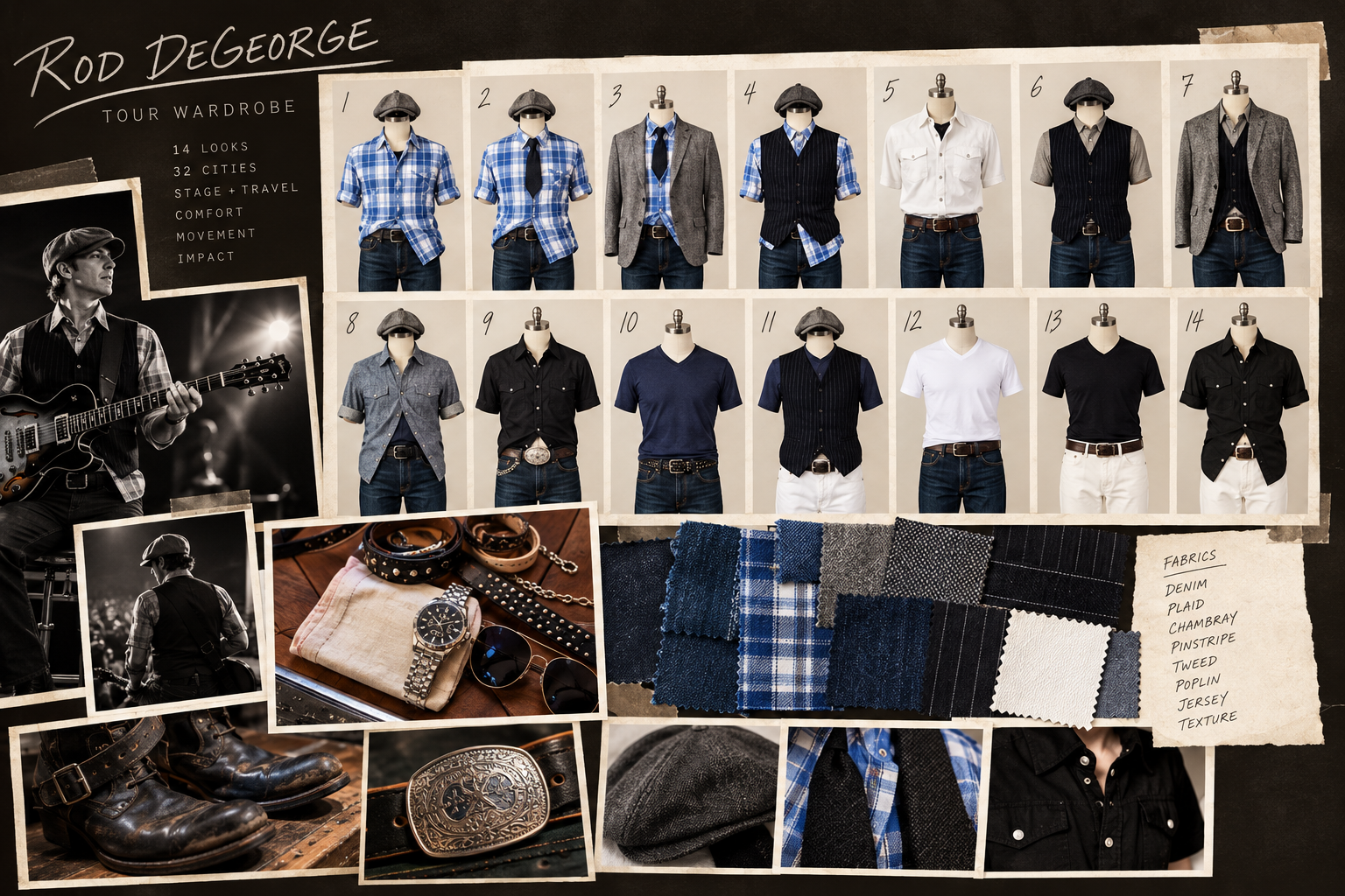 Rod DeGeorge Tour Wardrobe mood board: fourteen numbered looks, artist photography, accessories and fabric swatches