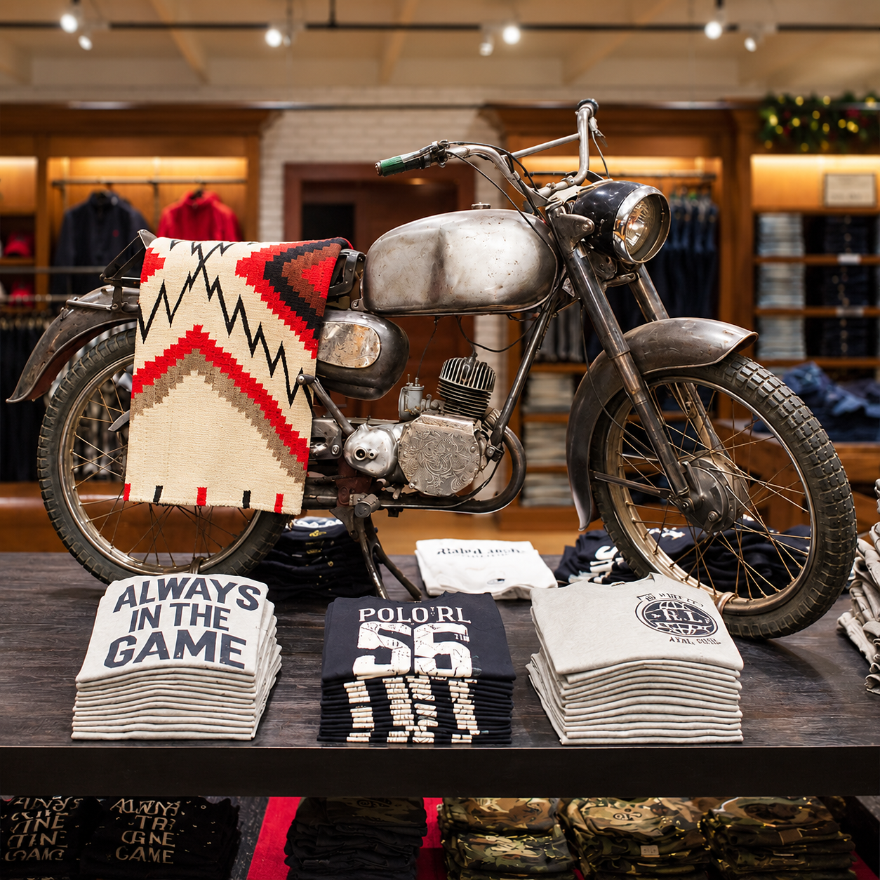 Ralph Lauren retail display with a vintage motorcycle draped in a Southwestern blanket, folded tees reading Always in the Game and Polo RL in the foreground