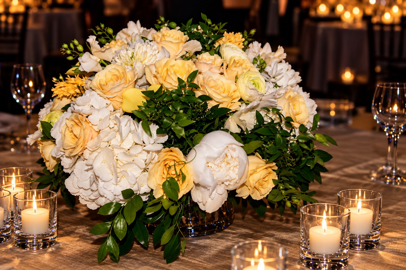 Candlelit centerpiece of ivory and rose florals on a Gotham Hall dinner table