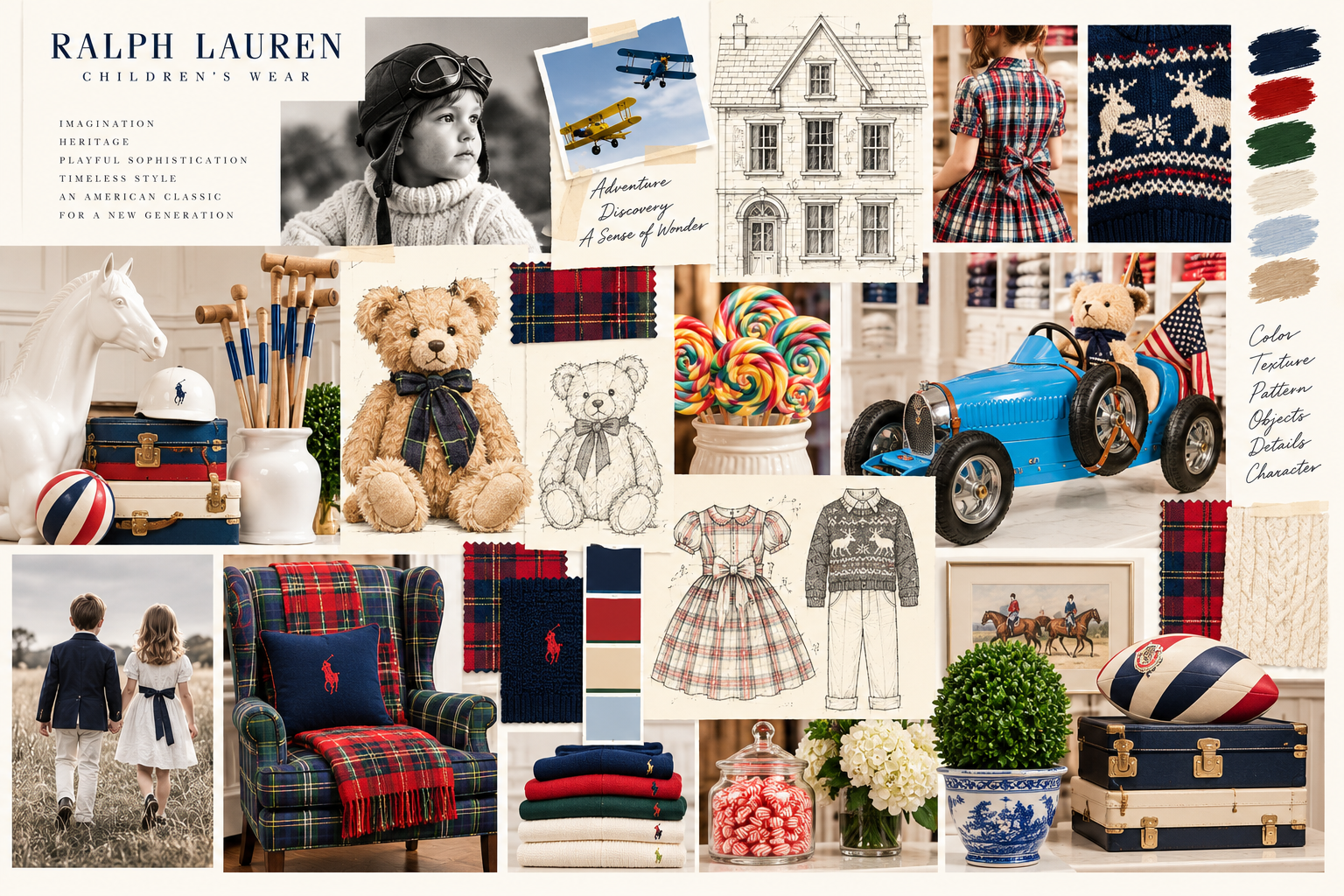 Ralph Lauren Children's Wear heritage moodboard with plaids, teddy bears, vintage toys and a navy, red and green palette