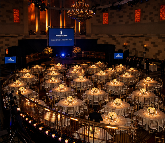 Gotham Hall ballroom set with candlelit tables beneath the chandelier