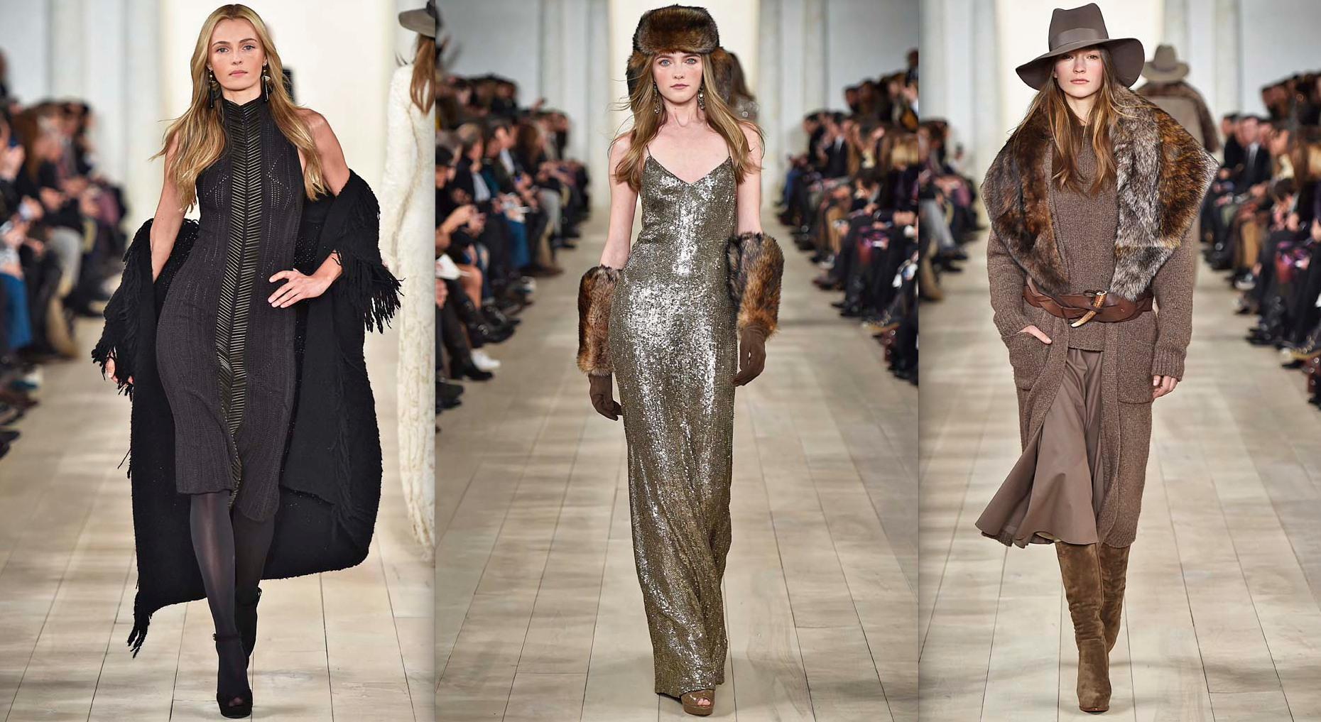 Three models on the Ralph Lauren Fall 2015 runway in black knit, metallic sequins and brown knitwear