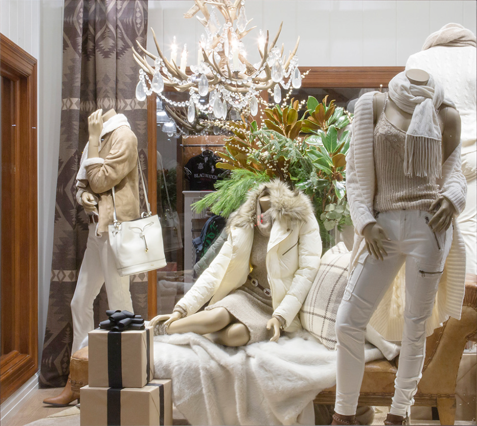 Ralph Lauren Harriman holiday window display with antler chandelier
