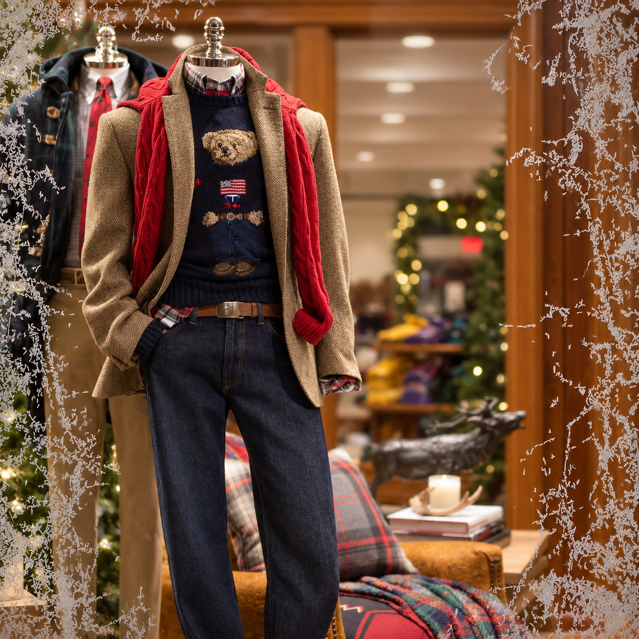 Ralph Lauren holiday window with two menswear mannequins in herringbone blazers and a bear-sweater layered look framed by frosted winter window treatment, with Christmas trees and boutique styling behind