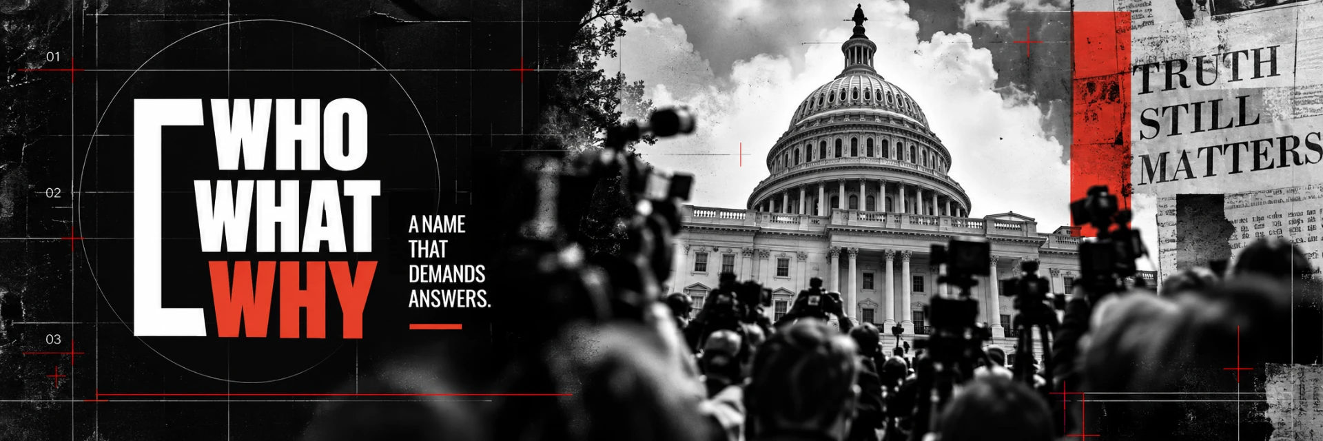 WhoWhatWhy panoramic artwork: the bracketed WHO WHAT WHY wordmark with “A name that demands answers,” press cameras before the U.S. Capitol, and a newspaper collage reading TRUTH STILL MATTERS