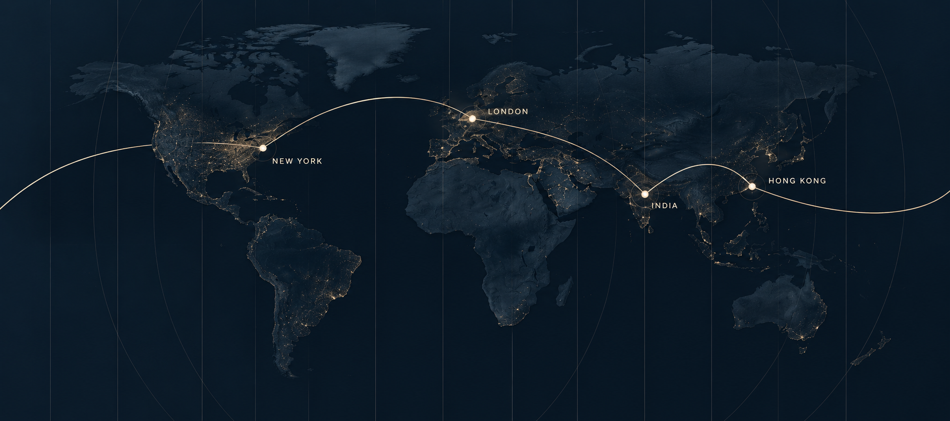 Global network map connecting New York, London, India and Hong Kong