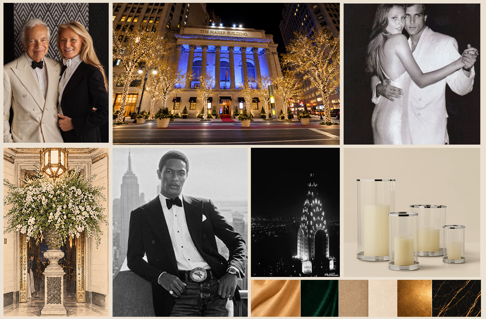 Gotham Hall mood board: black-tie portraits, the illuminated Haier Building, Black Tie Collection track list, floral urn sketch, Chrysler Building at night, hurricane candles and material swatches