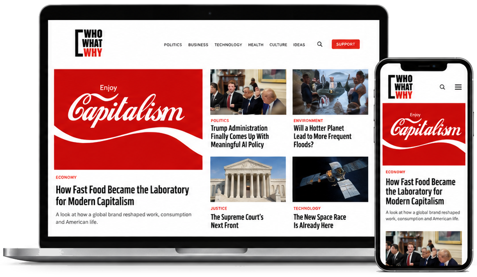 WhoWhatWhy website shown on a laptop and a phone, adapting between desktop and mobile layouts