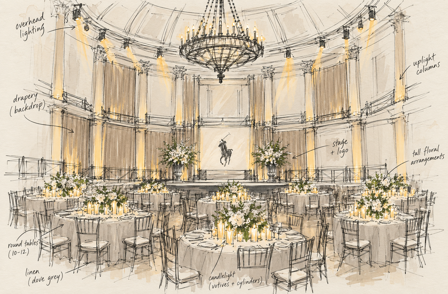 Concept sketch of the domed Gotham Hall ballroom with chandelier, draped backdrop, Polo logo stage, candlelit round tables and tall floral arrangements