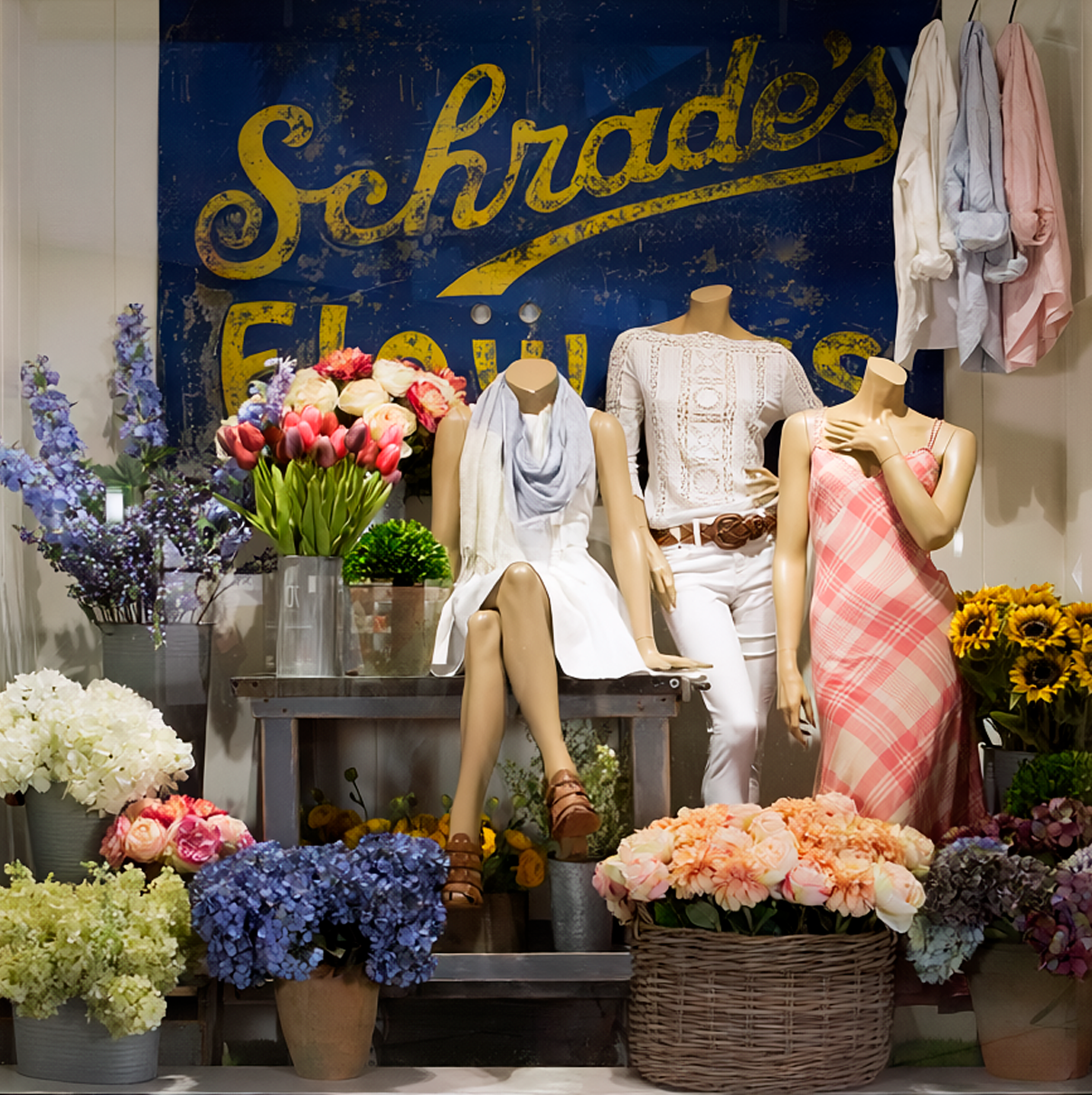 Ralph Lauren spring window styled as a vintage flower shop with a Schrade's Flowers sign, buckets of hydrangeas, tulips and sunflowers, and mannequins in white lace and pink plaid