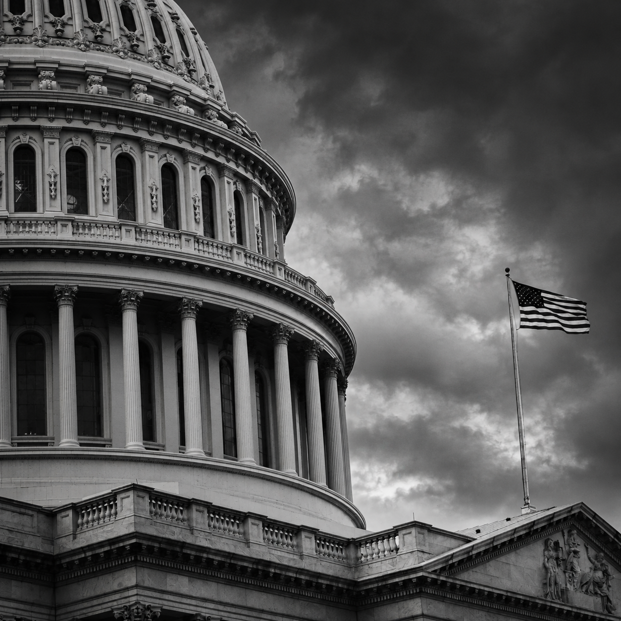 WhoWhatWhy — Storm clouds over the U.S. Capitol dome and flag
