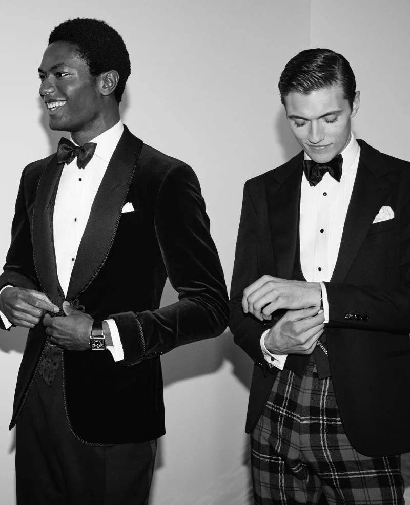 Two men in black-tie tuxedos getting ready, Ralph Lauren Holiday 2022