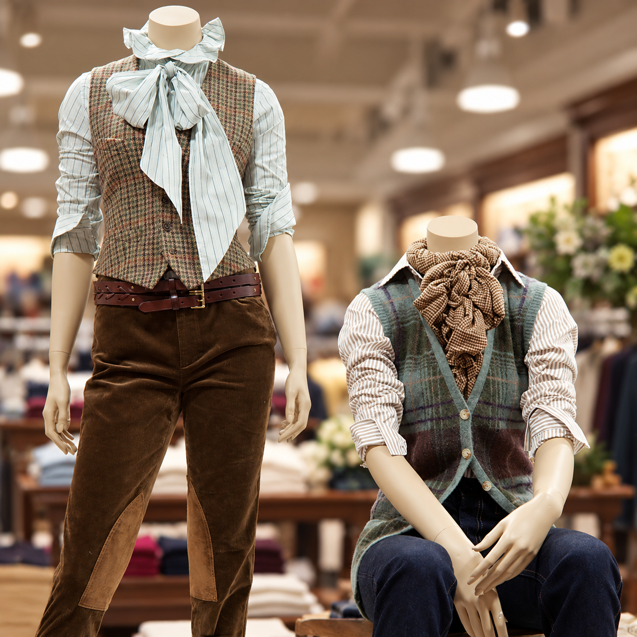 Ralph Lauren fall display with two mannequins in layered autumn looks — tweed vests, striped shirts and corduroy trousers — against a softly blurred retail background