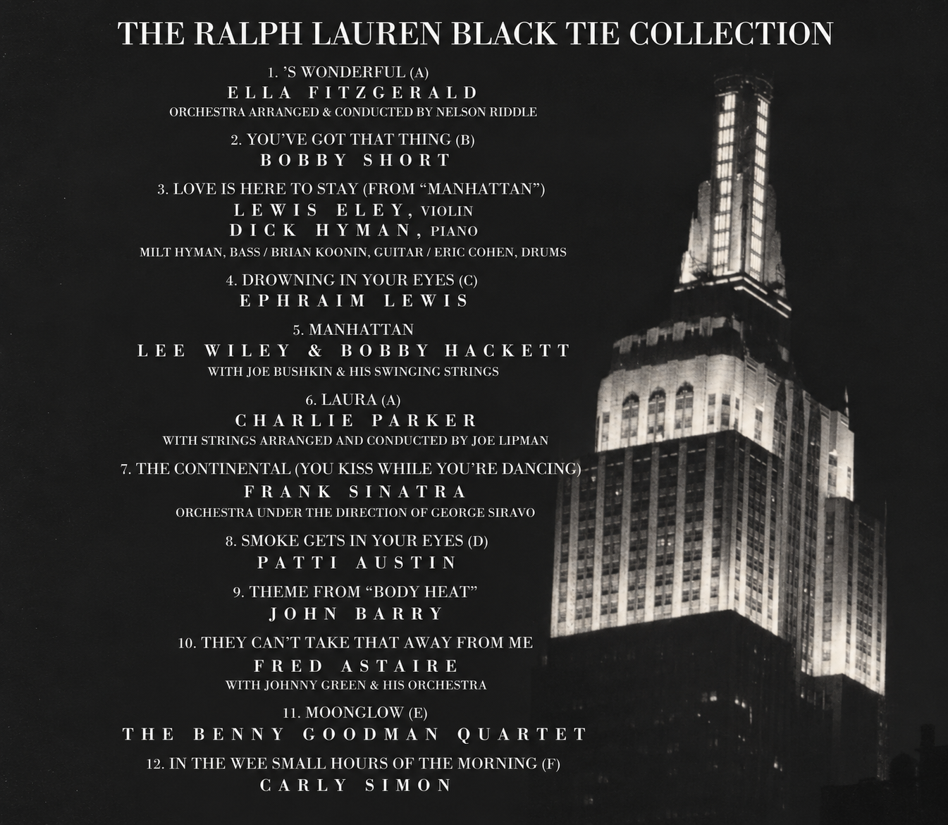 The Ralph Lauren Black Tie Collection album track list over the illuminated Empire State Building at night