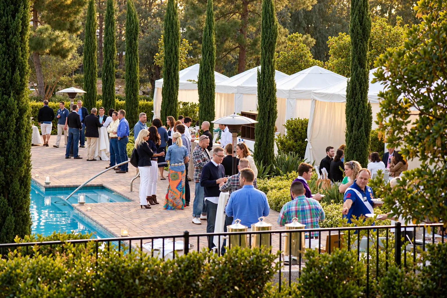Golden hour garden reception by the pool with white cabanas at the Rancho Bernardo conference