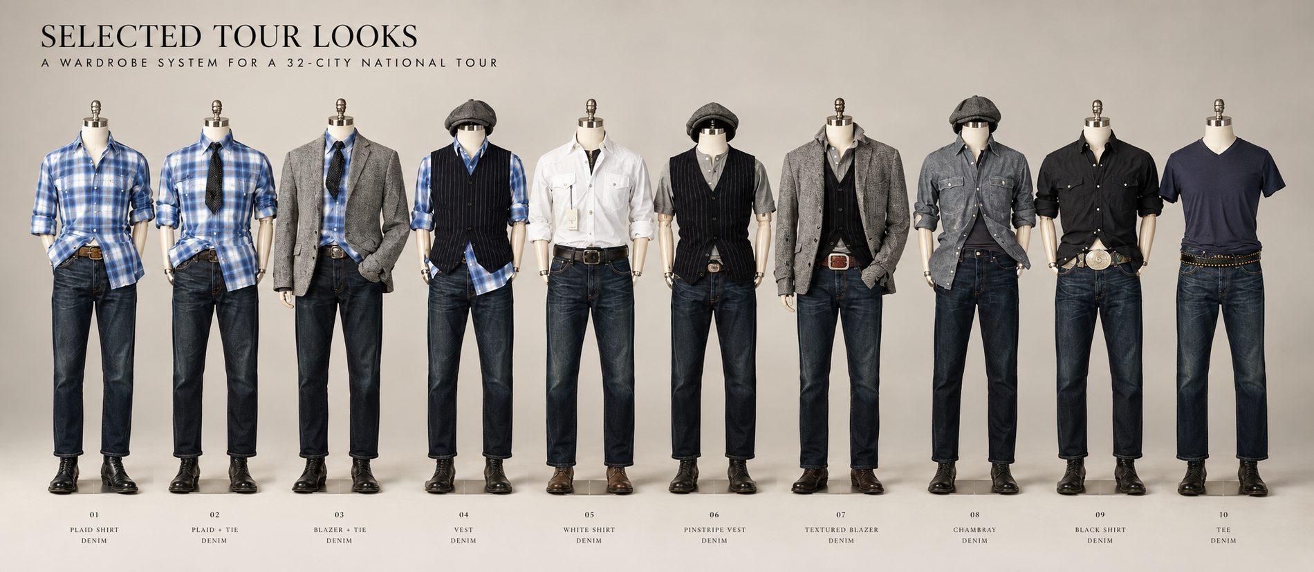 Selected Tour Looks: ten wardrobe looks on mannequins, a wardrobe system for a 32-city national tour