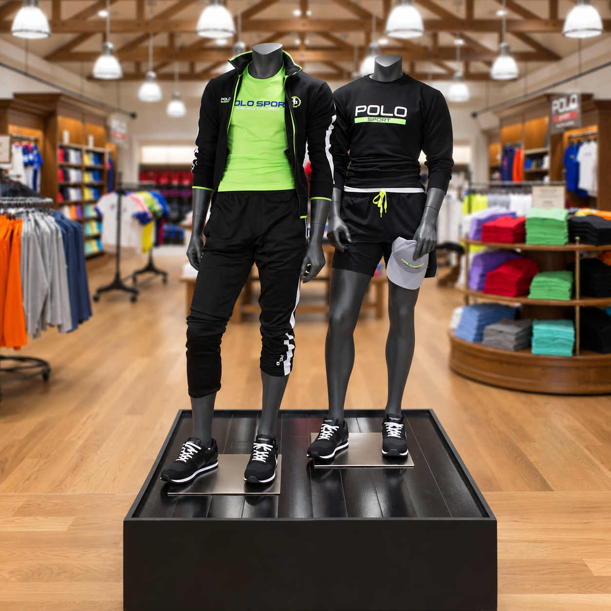 Polo Sport boutique display with two mannequins in black athletic looks and neon green Polo Sport shirts on a black plinth, folded tees and color-blocked apparel behind them