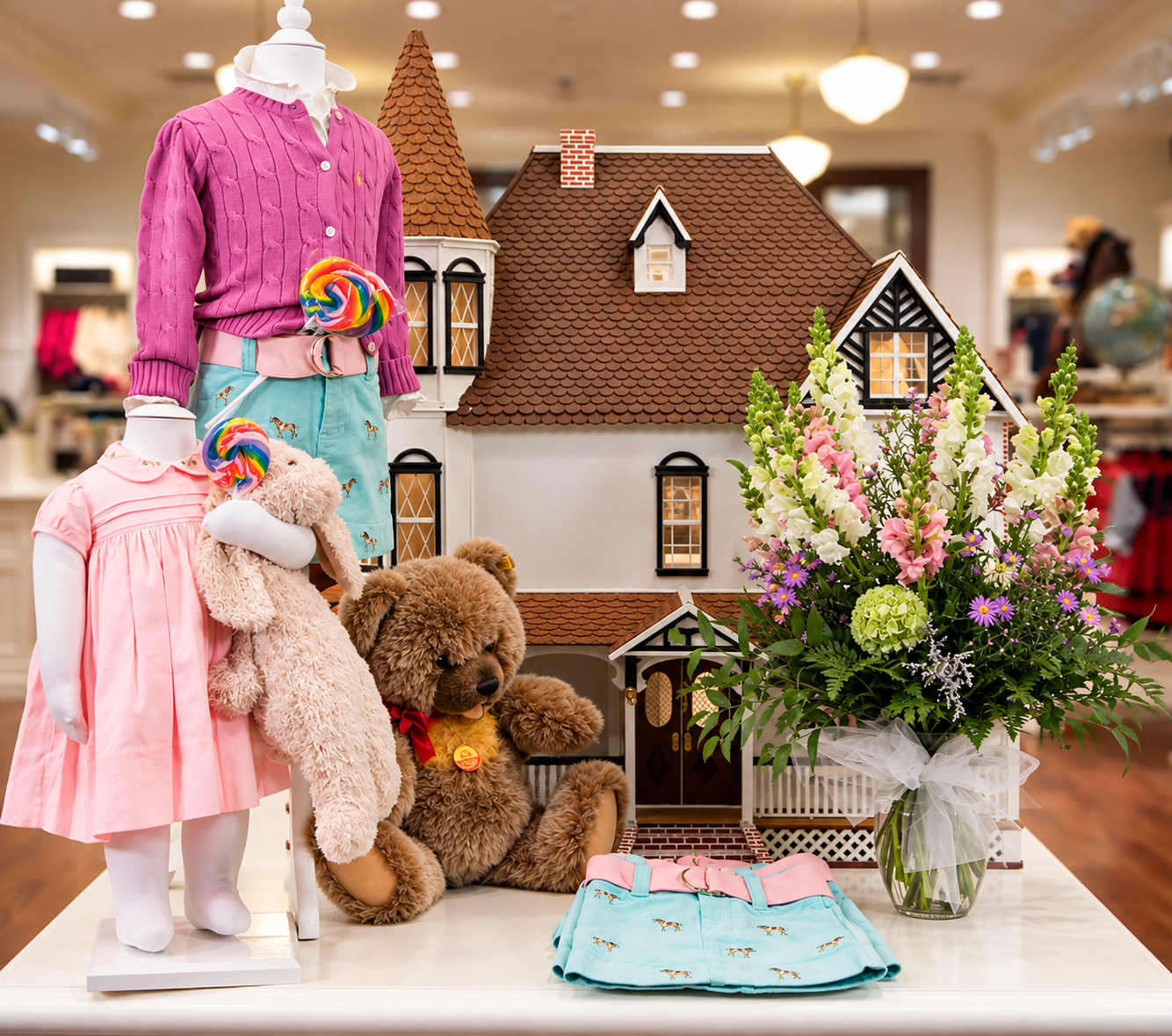 Ralph Lauren children's display with mannequins in a pink cardigan and pink dress, a Tudor-style dollhouse, teddy bear and plush bunny, spring flowers and folded polo shorts